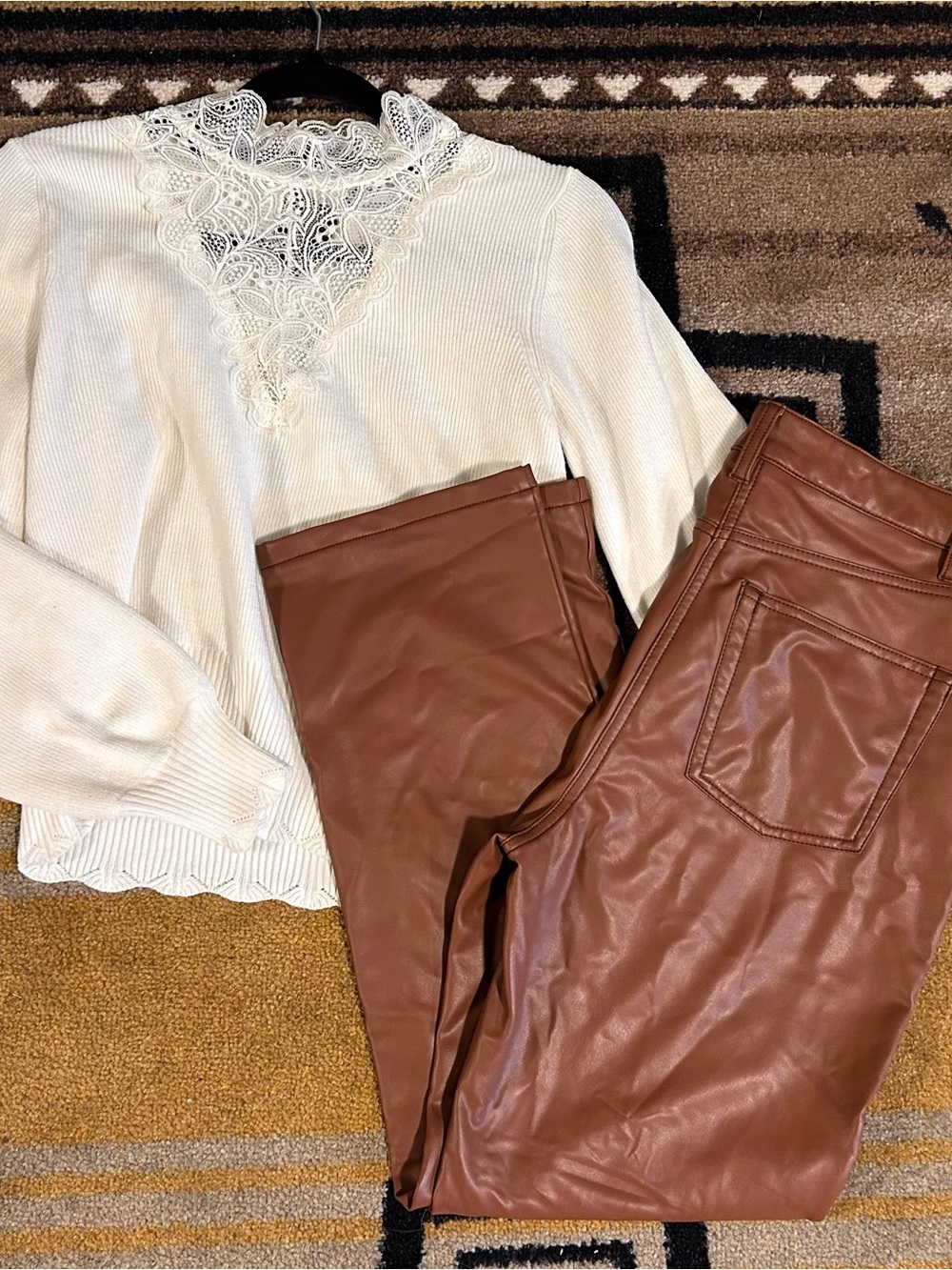 Cream Lace-Trim Sweater with Brown Faux Leather Pants